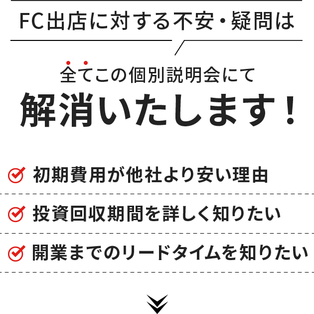 FC出店に対する不安・疑問は全てこの個別説明会にて解消いたします！初期費用が他社より安い理由、投資回収期間を詳しく知りたい、開業までのリードタイムを知りたい。